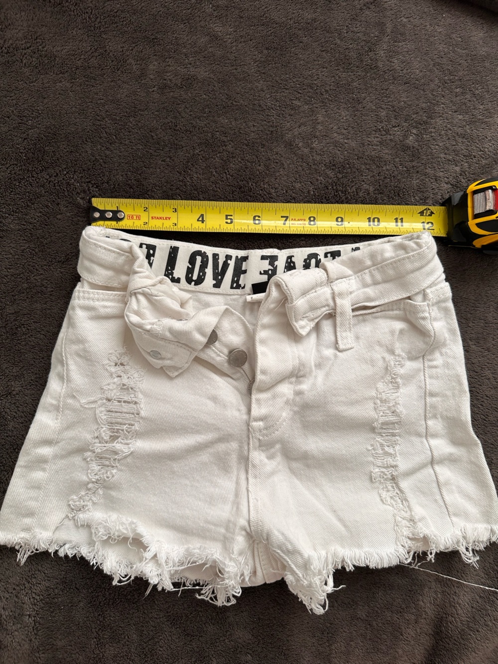 White High Waist Distressed Denim Shorts with Love Waistband